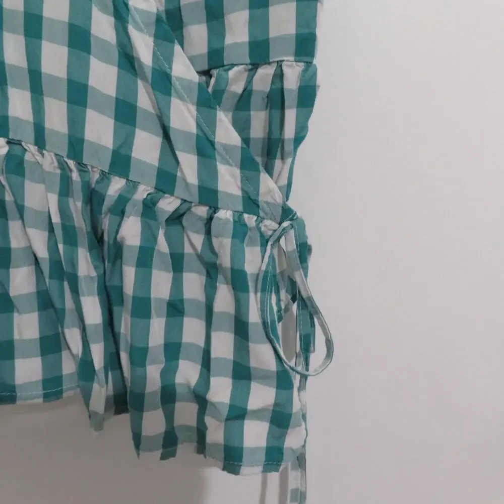 LOFT Women Sz S Teal White Gingham Plaid Surplice V Neck Wrap Blouse Puff Sleeve